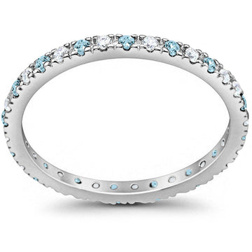 Full Eternity Wedding Design Ring Round Simulated Aquamarine CZ 925 Sterling Silver